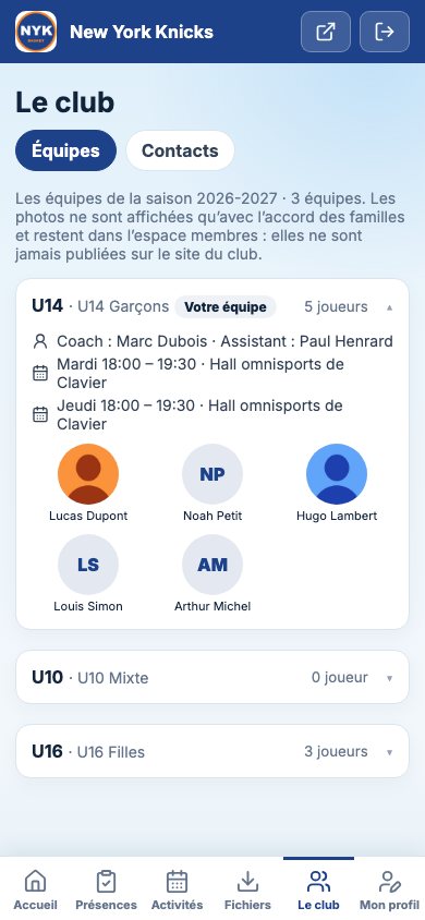 Les équipes du club dans l’espace membres